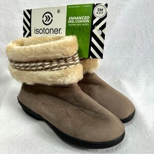 Isotoner Woodlands Slippers Womens S 6.5/7 Taupe Hard Sole Cushion Faux Fur New